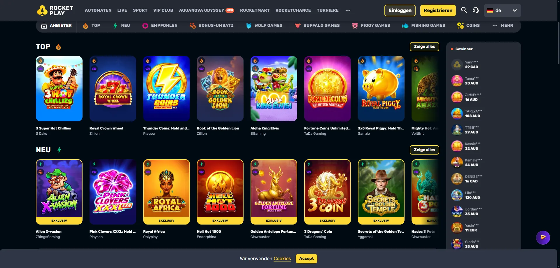 Rocketplay Casino mobile slots and pokies game lobby