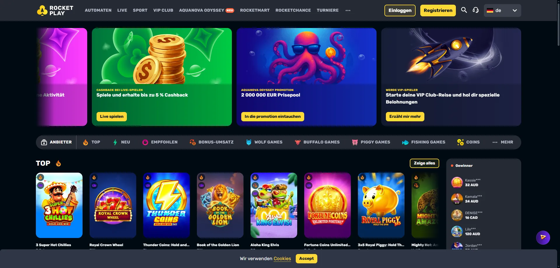 Rocketplay Casino homepage overview — login and explore games