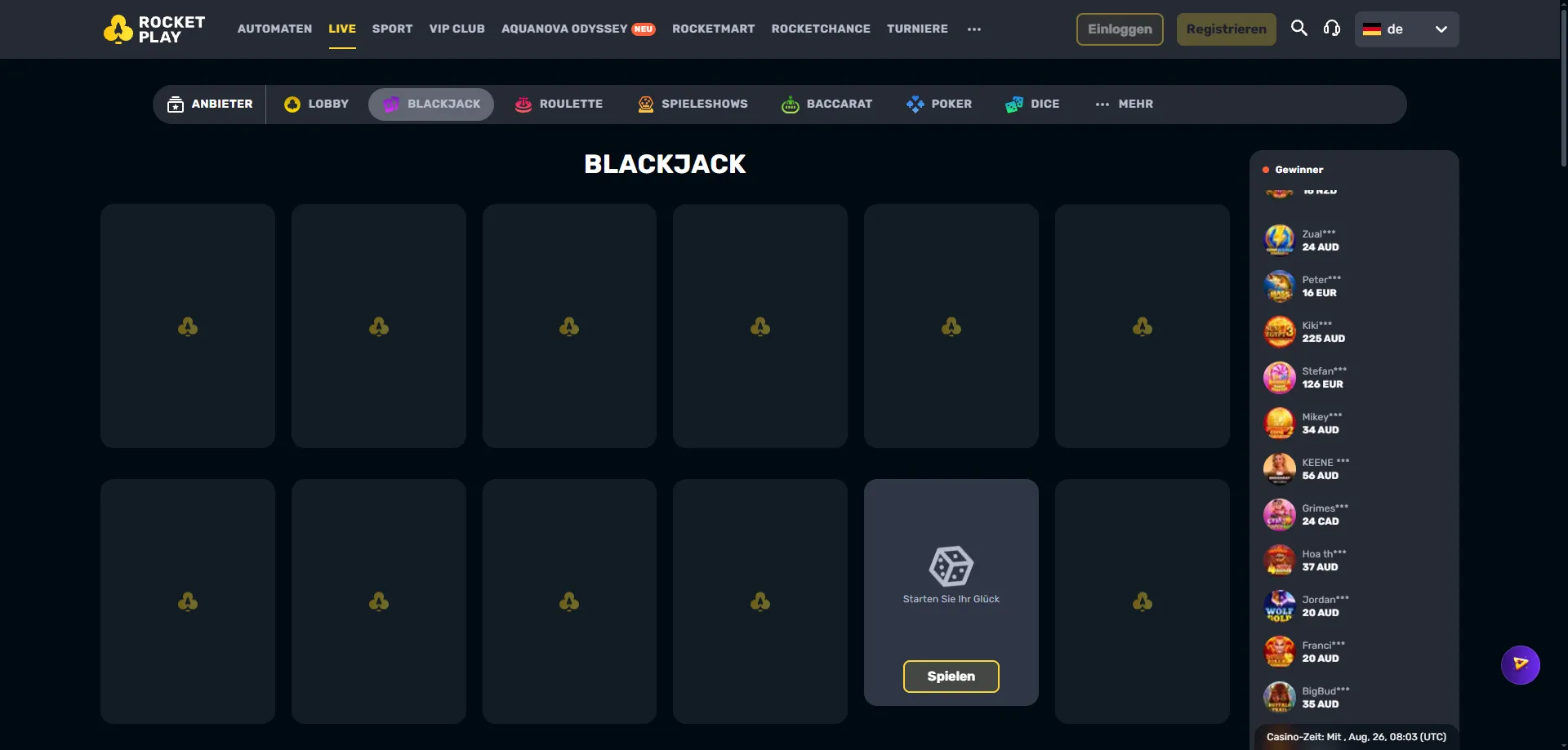 Rocketplay live casino dealer tables roulette blackjack baccarat Australia